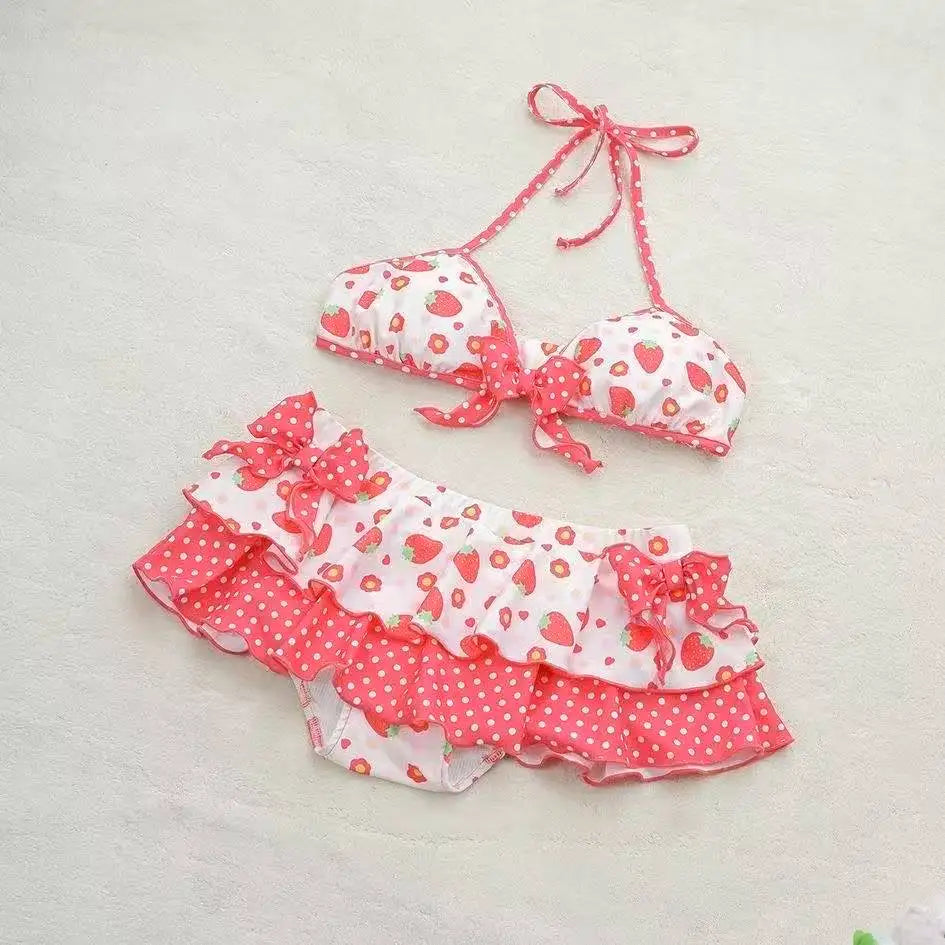 Japanese Style Kawaii Girls Swimsuit Sweet Printed Halter Bikini Swimsuit Women Ruffle Bikini Set Bather Bathing Suit Swim